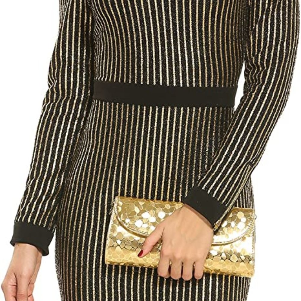 Women's Sparkle Glitter Sequin Stripe Long Sleeve Cocktail Dress